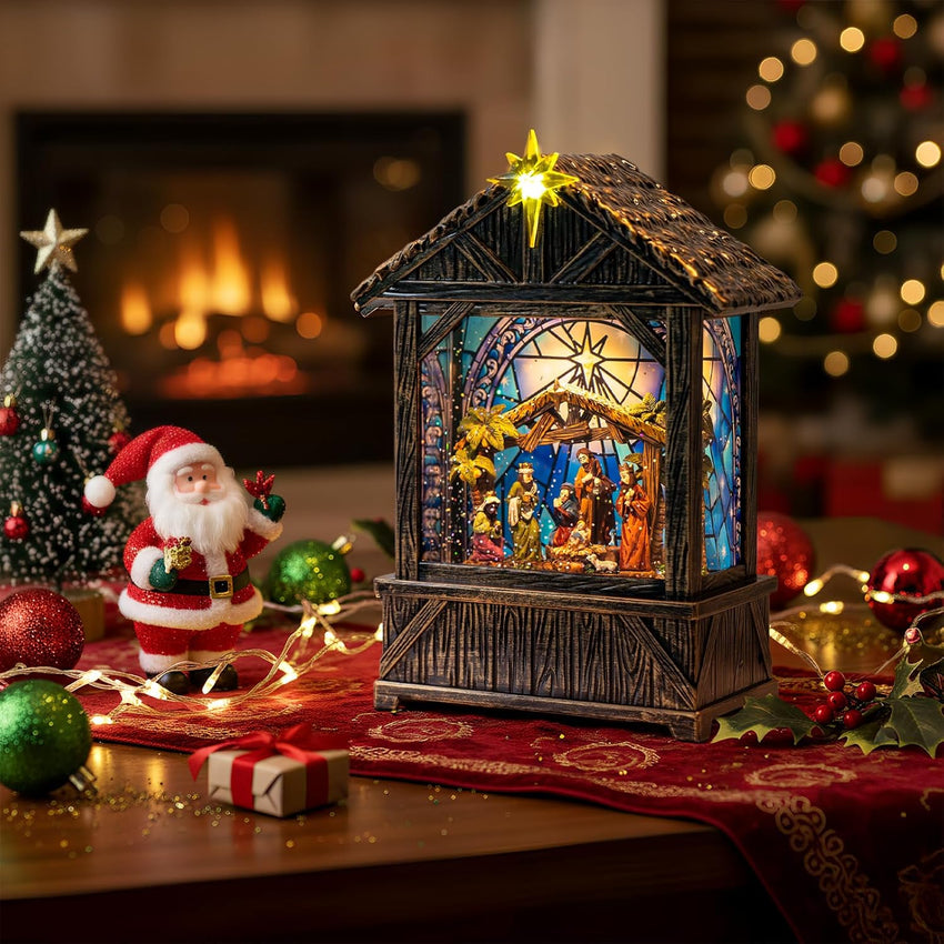 Nativity with Star Musical Lighted Water Creche with Swirling Glitter, Christmas Snow Globe Nativity Manger for Xmas with Music, Holiday Decorations Gifts for Family, Children or Friends