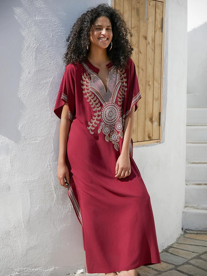 Women Embroidery Loose Kaftan Casual Beach Bathing Suit Cover Up Long Caftans Maxi Dress