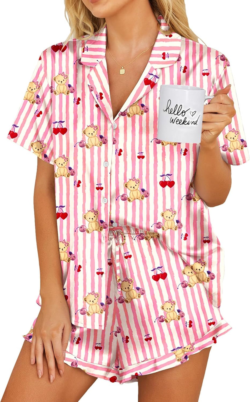 Ekouaer Womens Satin Pajamas Set Button Down 2 Piece Silk Pjs Shorts Set Ruffle Lingerie Notch Collar Sleepwear