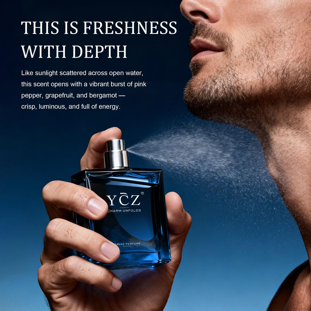 Ycz Midnight Marine Eau de Parfum for Men, 1.7 Fl Oz (50 mL), Long-Lasting Cologne, Fresh Marine & Woody Fragrance with Grapefruit, Ginger and Cedar Notes for Daily Wear, Date Night and Gifts