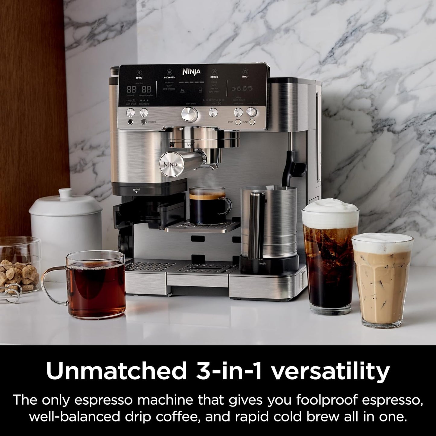Ninja Luxe Café 3-in-1 Espresso, Drip Coffee and Cold Brew Machine | Intergrated Coffee Grinder, Milk Frother, Assisted Tamper & Built-In Espresso Accessory Storage | Stainless Steel | ES601