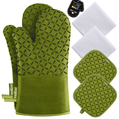 KEGOUU Oven Mitts and Pot Holders 6pcs Set, Kitchen Oven Glove High Heat Resistant 500 Degree Extra Long Oven Mitts and Potholder with Non-Slip Silicone Surface for Cooking (Gray)