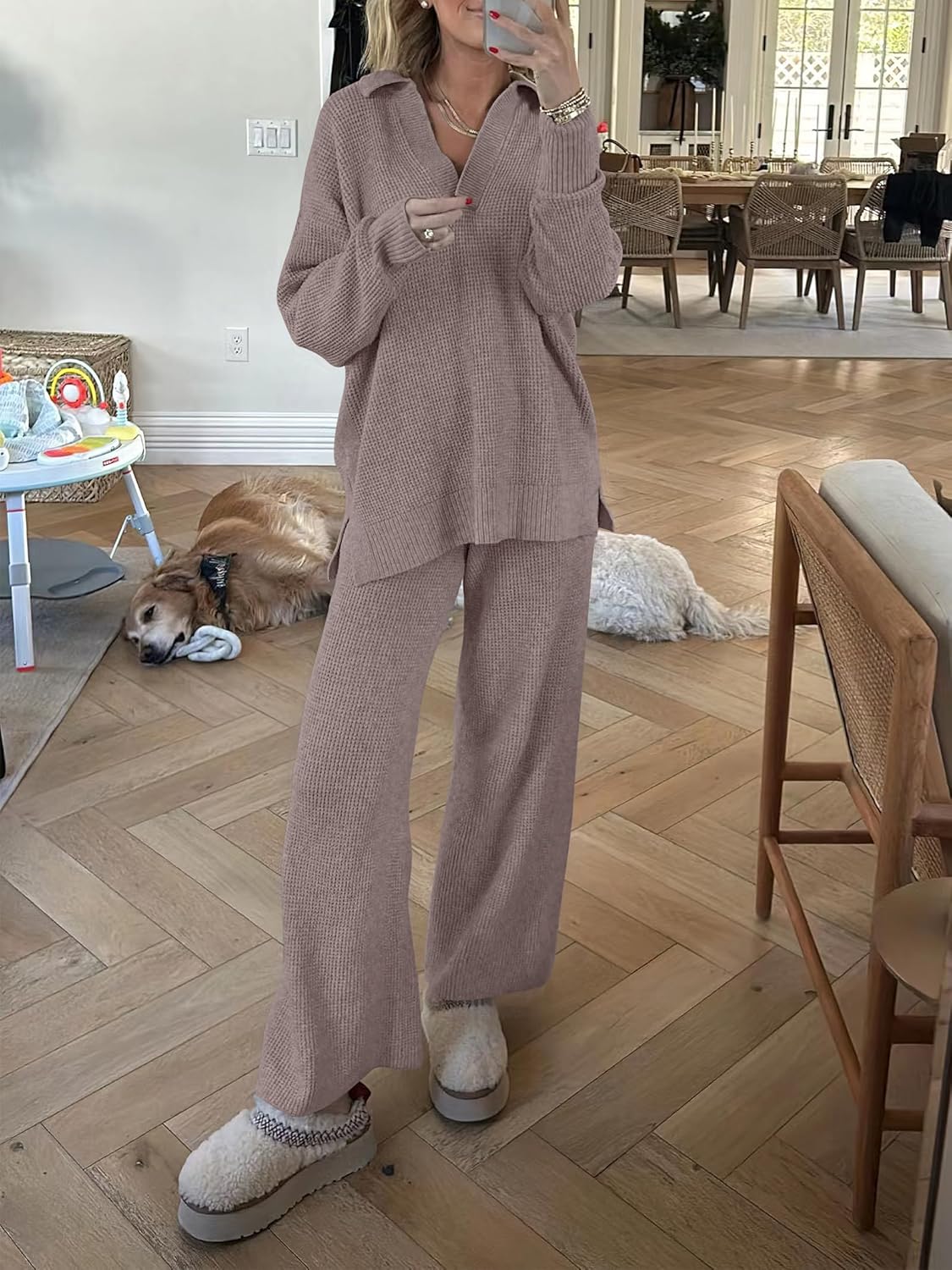 ANRABESS Women Two Piece Outfits Sweater Sets Lounge Waffle Knit Pullover Matching Wide Leg Pants Tracksuit 2025 Fall Fashion