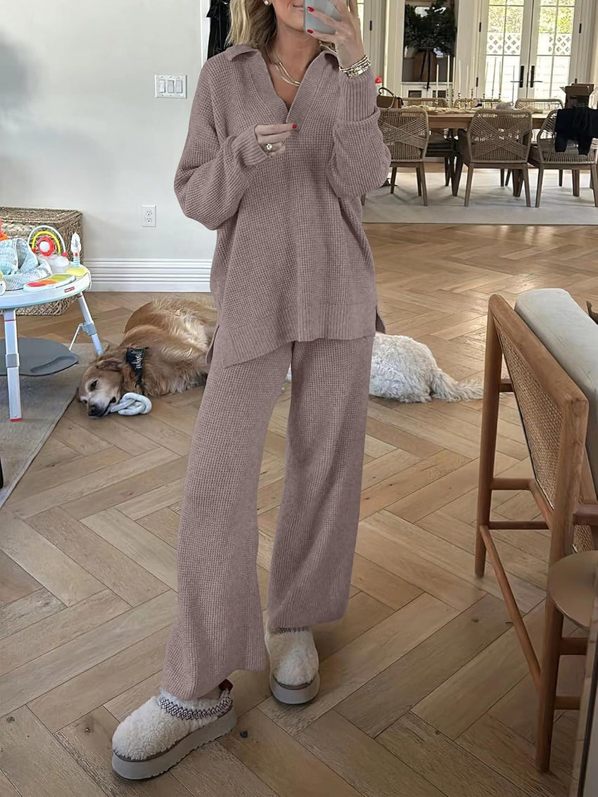 ANRABESS Women Two Piece Outfits Sweater Sets Lounge Waffle Knit Pullover Matching Wide Leg Pants Tracksuit 2025 Fall Fashion