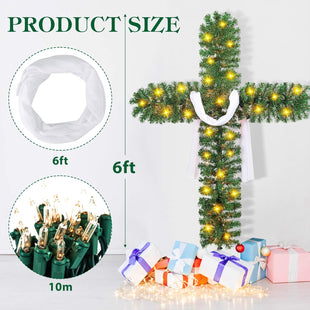 6ft Christmas Cross Tree with 100 Lights and a White Silk Scarf Christmas Decorations Jesus Christ Catholic Cross Decor He is Risen for Outdoor Home Decor (6 ft)