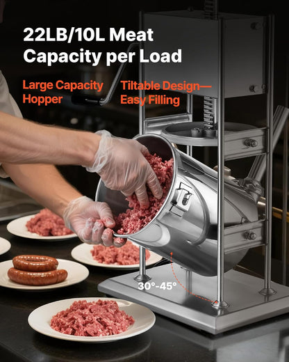 VEVOR Manual Sausage Stuffer, 22 LBS / 10 L Vertical Meat Stuffer, Dual-Speed Sausage Casing Meat Filling Machine, Stainless Steel Heavy Duty Filler with 5 Stuffing Tubes, for Commercial & Home Use