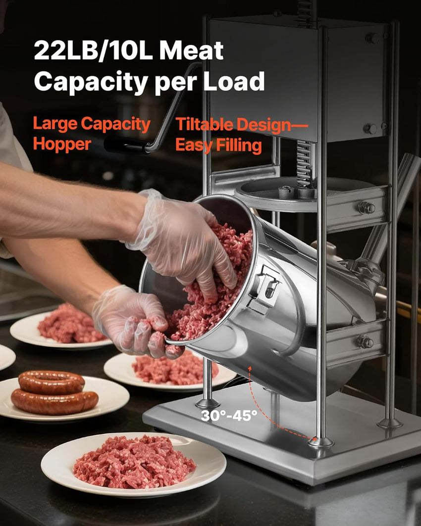VEVOR Manual Sausage Stuffer, 22 LBS / 10 L Vertical Meat Stuffer, Dual-Speed Sausage Casing Meat Filling Machine, Stainless Steel Heavy Duty Filler with 5 Stuffing Tubes, for Commercial & Home Use