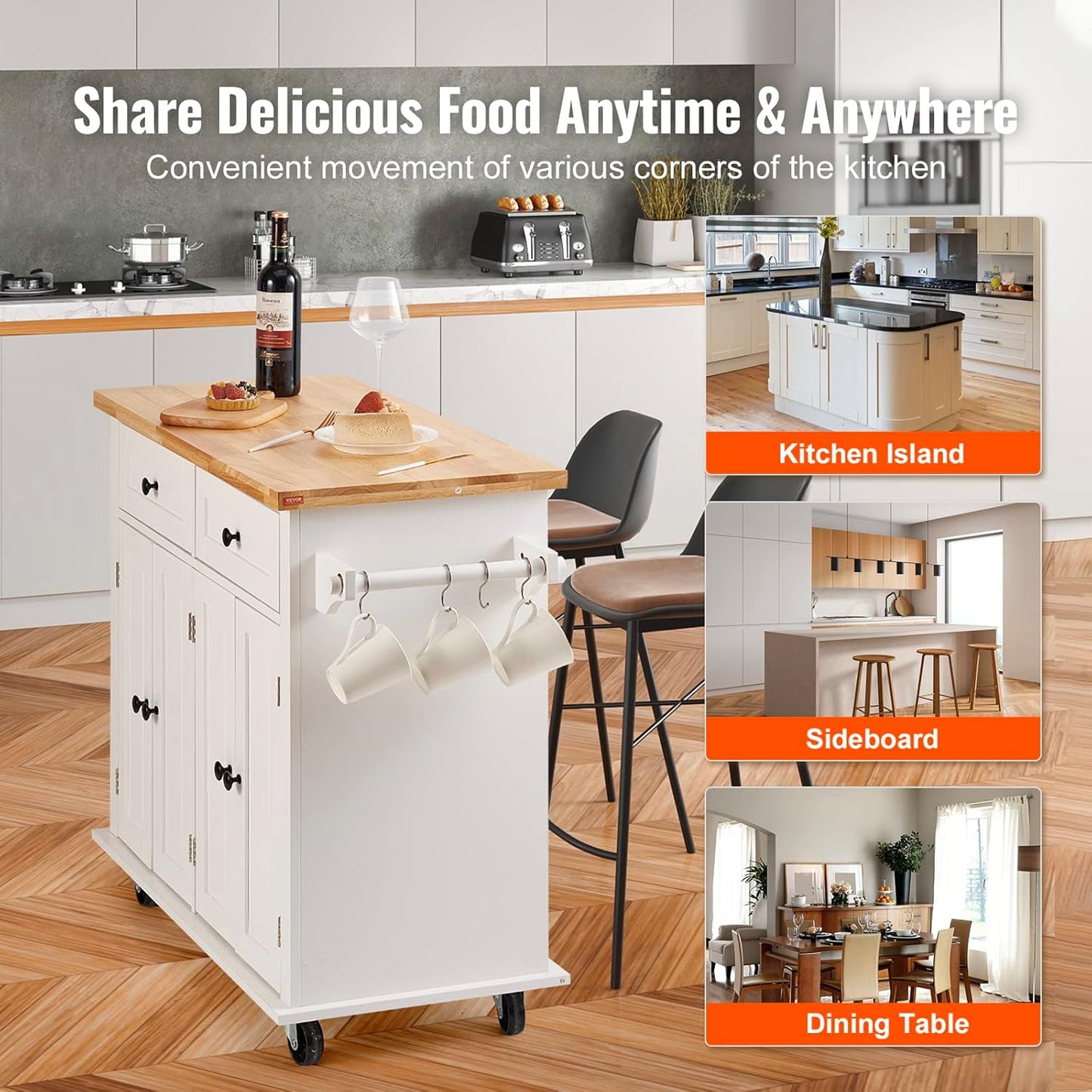 VEVOR Kitchen Island Cart with Solid Wood Top, 35.4" Width Mobile Carts with Storage Cabinet, Rolling Kitchen Table with Spice Rack, Towel Rack, and Drawer, Portable Islands on Wheels, White