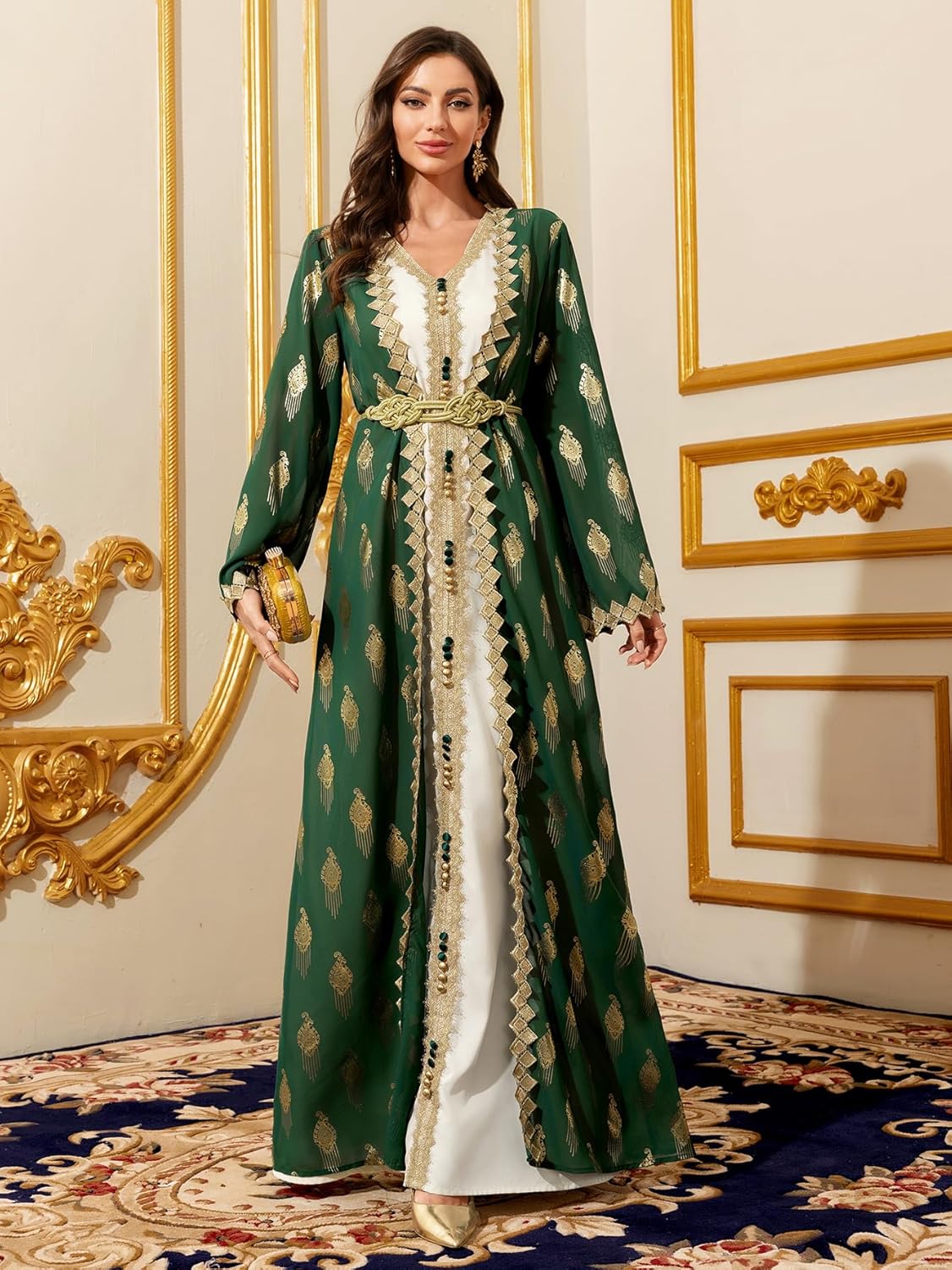 Middle Eastern Modest Maxi Dress - Muslim Moroccan Kaftan Abaya for Women Gold Embroidered Eid Dress Islamic Traditional Wear