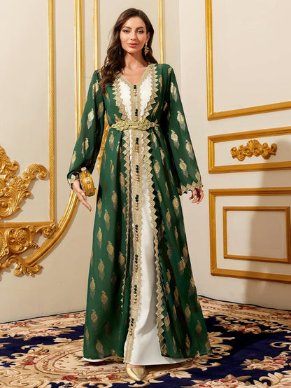 Middle Eastern Modest Maxi Dress - Muslim Moroccan Kaftan Abaya for Women Gold Embroidered Eid Dress Islamic Traditional Wear