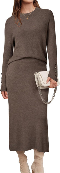 Arach&Cloz Women's Wool Blend Sweater 2 Piece Sets Winter Business Long Sleeve Top Midi Skirts Outfits 2025