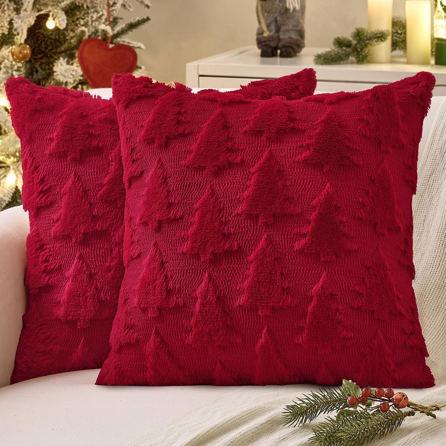 MIULEE Christmas Throw Pillow Covers Dark Green Christmas Decorations Set of 2 Xmas Tree 18x18 Pillow Covers Soft Plush Faux Wool Pillowcases Holiday Festivals Winter Home Decor Sofa Couch Bed Porch