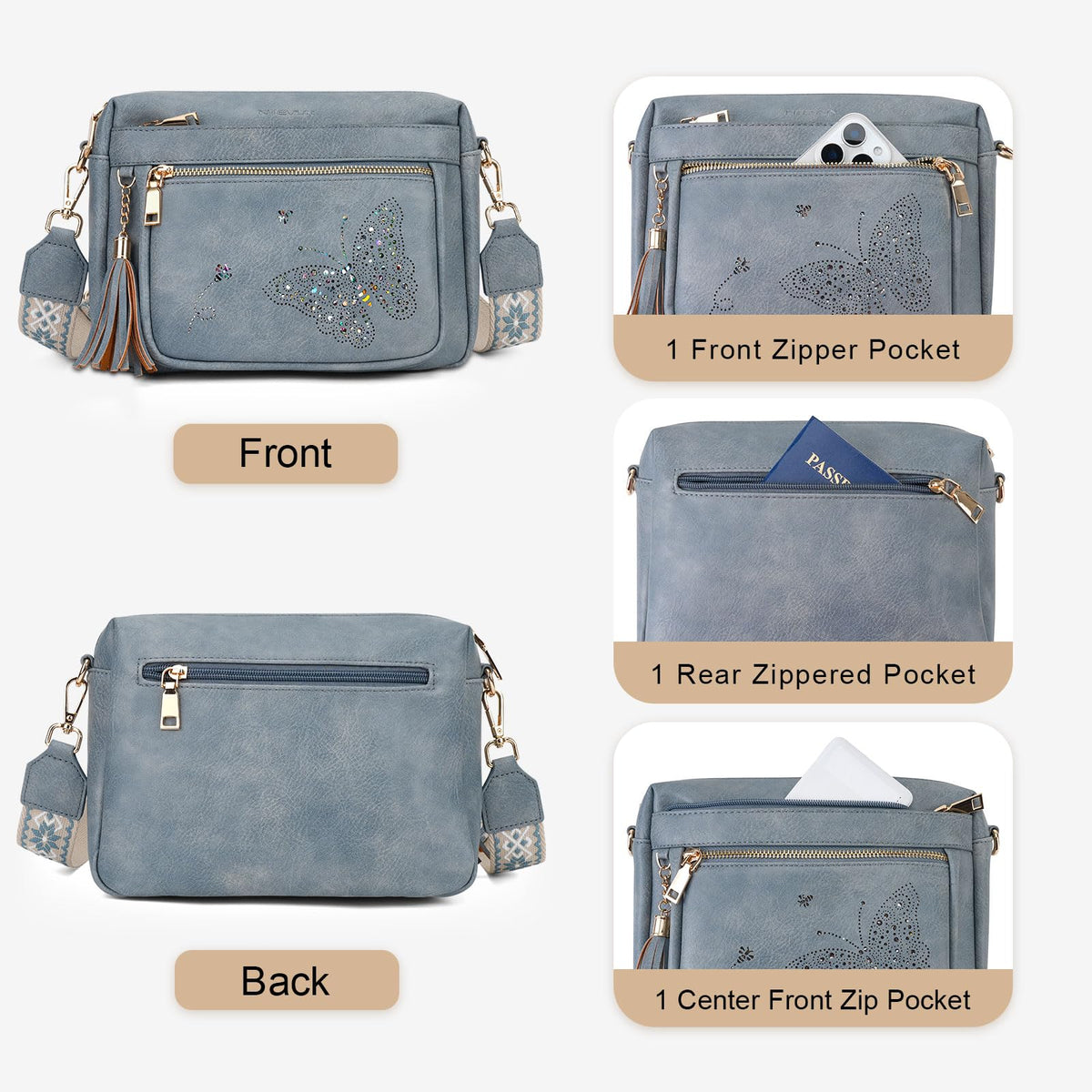 KITEVIUN Crossbody Bags for Women Trendy Leather Crossbody Purse Shoulder Handbags Butterfly Design
