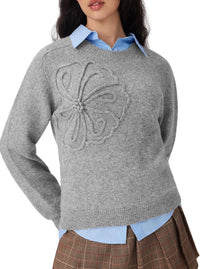 CIDER Women's Cute Sweater Crew Neck Long Sleeve Floral Pullover Fall Winter Sweaters Loose Fit Knit Top