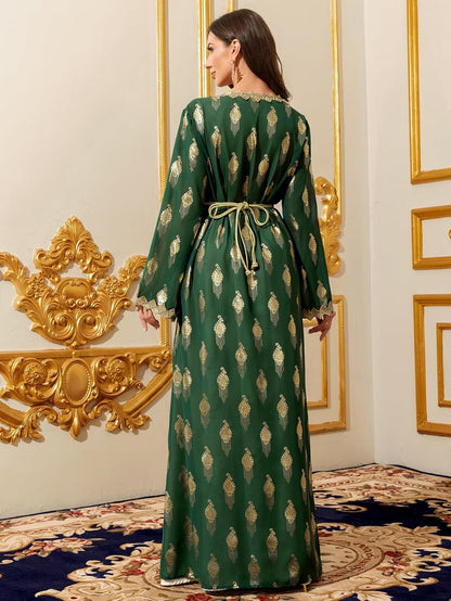 Middle Eastern Modest Maxi Dress - Muslim Moroccan Kaftan Abaya for Women Gold Embroidered Eid Dress Islamic Traditional Wear