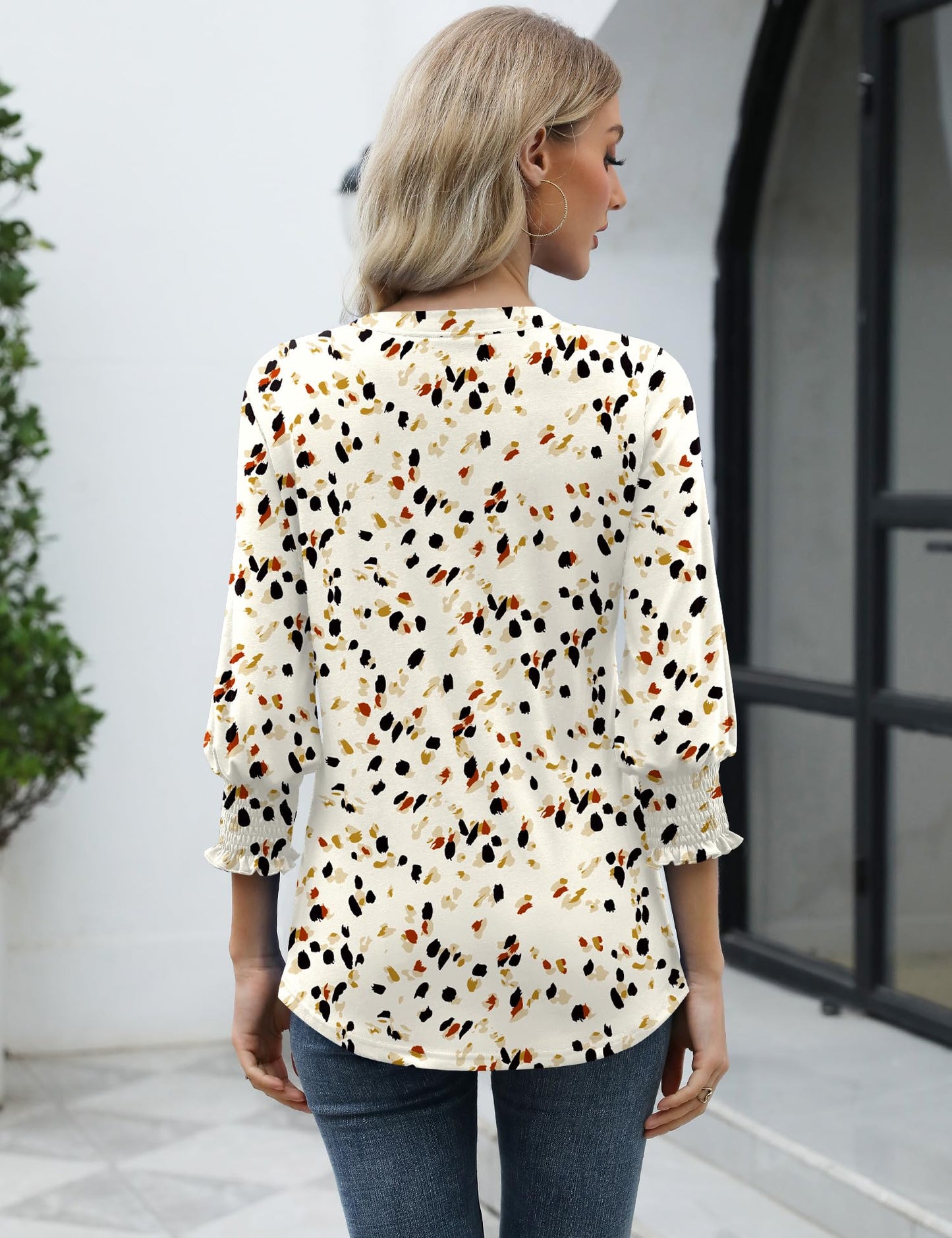 LOMON Blouses for Women Dressy Casual 3/4 Sleeve Tops for Women V Neck T Shirt Ladies Tops and Blouses Orange Blue Print L
