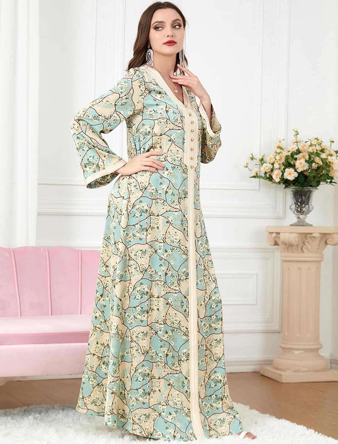 FYMNSI Abaya Dress for Women Muslim Modest Maxi Robe Floral V Neck Eid Prayer Dresses Dubai Clothing Arabian Islamic Kaftan