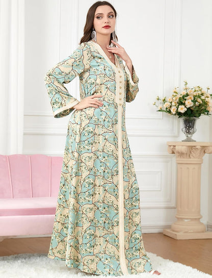 FYMNSI Abaya Dress for Women Muslim Modest Maxi Robe Floral V Neck Eid Prayer Dresses Dubai Clothing Arabian Islamic Kaftan