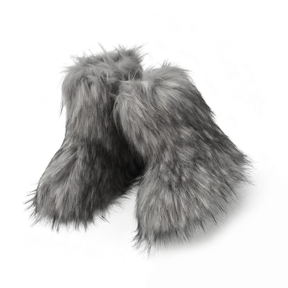 Wnshonzy Fur Boots for Women Snow Furry Fluffy Platform Flat Ankle Mini Boot Winter Round Toe Y2k Comfortable Mid-Calf Short Outdoor 2025