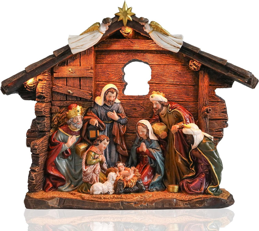 Yinns 9.8 Inch Christmas Nativity Sets, Light Up Nativity Scene Indoor, Manger Nativity Scene Figures Set Holy Family Christmas Tabletop Decotation
