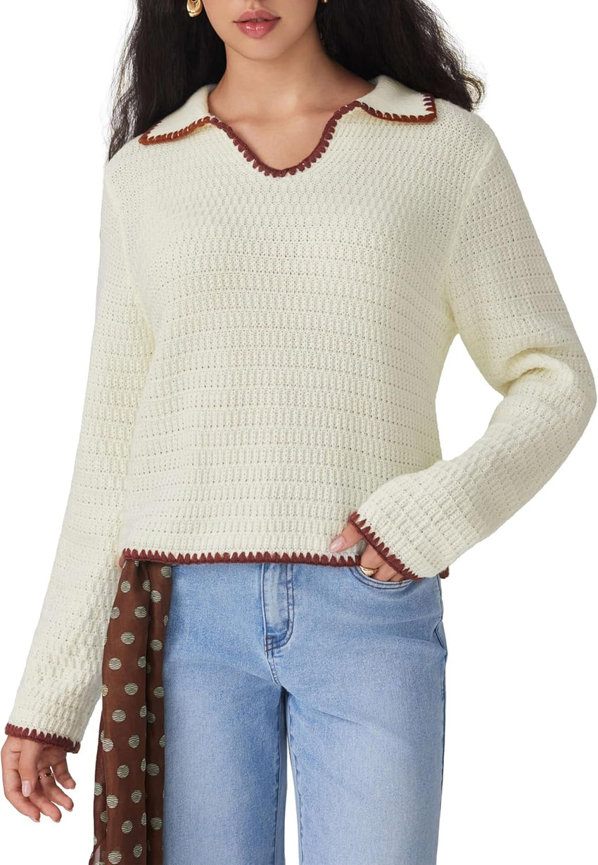 CIDER Sweaters for Women Trendy Color Trim Cute Long Sleeve V Neck Collared Knit Pullover Sweater Tops Fall Outfits