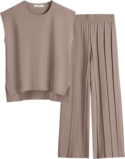 ANRABESS Women 2 Piece Lounge Sets Summer Casual Knit Sweater Vest Pant Set Beach Vacation Airport Clothes 2025 Fall Outfits