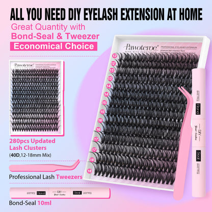 Pawotence Lash Extension Kit DIY 280pcs Lash Clusters Eyelash Extension Kit, 9-16mm 30D 40D Individual Lashes Kit with Lash Bond and Seal, Lash Tweezers for Self Use (30D&40D, 0.07D, 9-16mm, Kit)