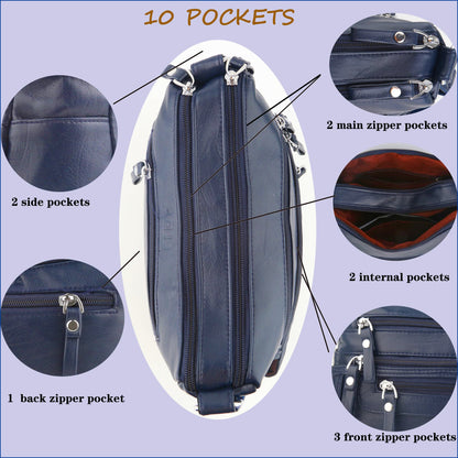 ELDA 10 Pockets Crossbody Purses for Women Medium Pocketbooks Lightweight Ladies Satchel Bag Multi Pocket Shoulder Handbag