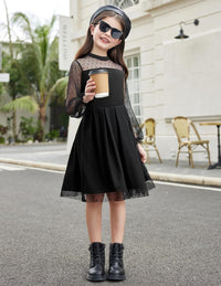 Arshiner Girls Dresses Contrast Mesh Puff Long Sleeve Mock Neck Formal Party A Line Short Tulle Dress