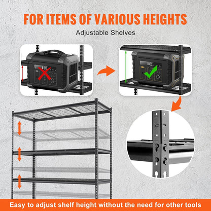 VEVOR Storage Shelving Unit, 5-Tier Adjustable, 2000 lbs Capacity, Heavy Duty Garage Shelves Metal Organizer Wire Rack, Black, 60" L x 24" W x 78" H for Kitchen Pantry Basement Bathroom Laundry Closet