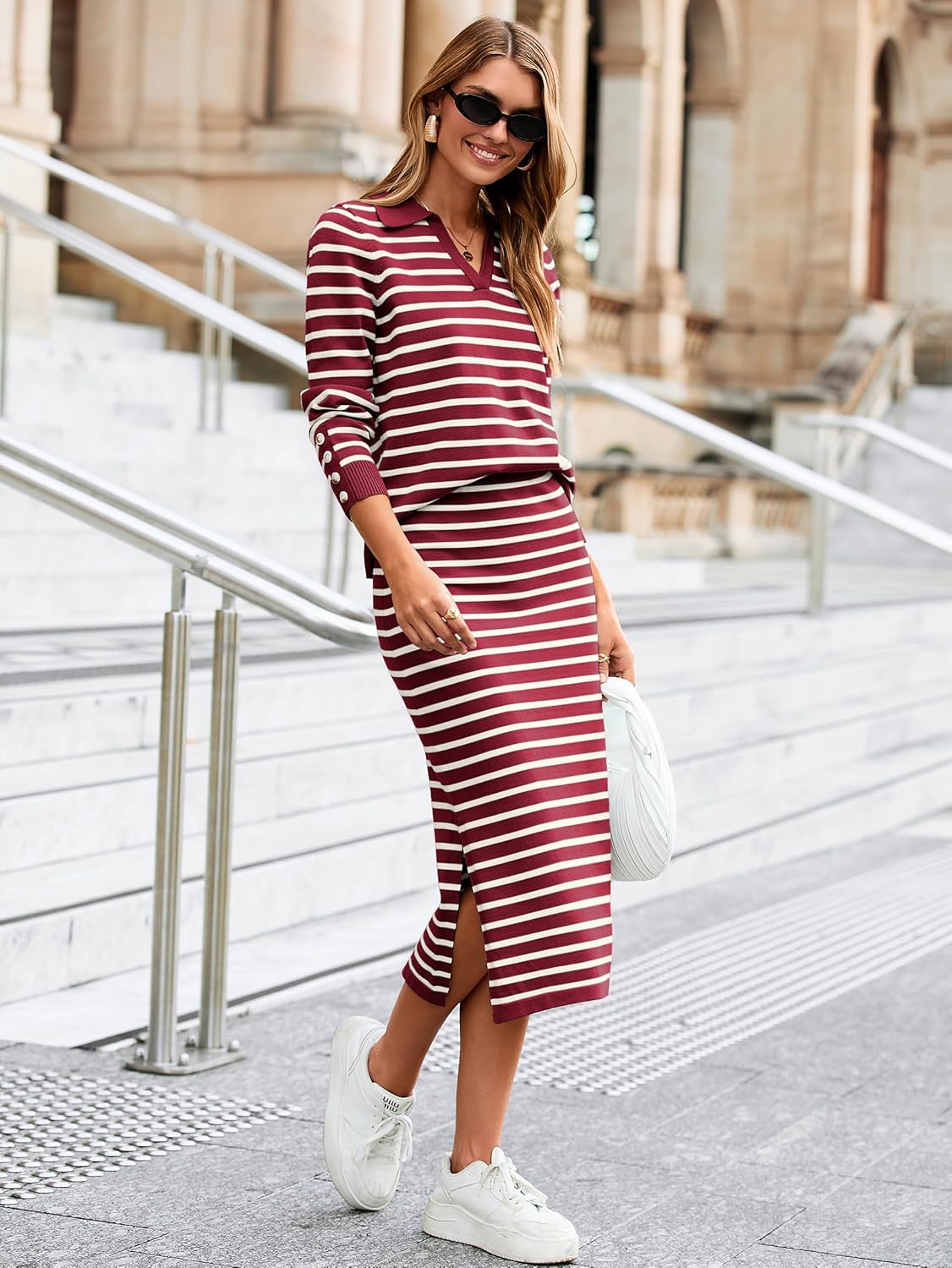 Glamaker Womens 2 Piece Skirt Sets Striped Sweater Dress Casual Polo Neck Knit Long Sleeve Midi Dresses Fall Fashion Outfits