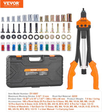VEVOR Rivet Nut Tool, 16 inch Rivnut Tool Kit with 13PCS Metric and SAE Mandrels, 186PCS Rivet Nuts, Semi-auto Retraction, M3, M4, M5, M6, M8, M10, M12, 1/4-20, 5/16-18, 3/8-16, 1/2-13, 8-32, 10-24