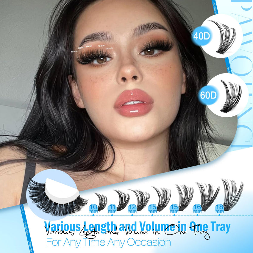 Pawotence Lash Extension Kit DIY 280pcs Lash Clusters Eyelash Extension Kit, 9-16mm 30D 40D Individual Lashes Kit with Lash Bond and Seal, Lash Tweezers for Self Use (30D&40D, 0.07D, 9-16mm, Kit)