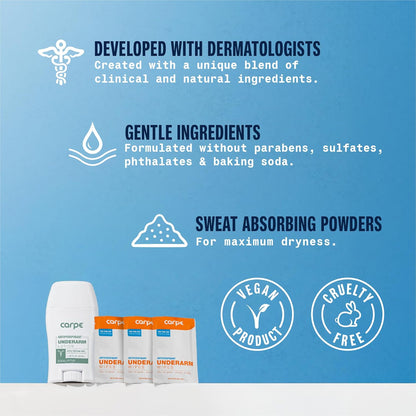 Carpe Antiperspirant Underarm and On-The-Go Wipes Package (1 Underarm Clinical Strength, 15 Individual Antiperspirant On-The-Go Wipes), Stop Excessive Sweat - Great for Hyperhidrosis