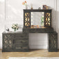 Vanity Desk with Mirror and Lights, Compact Makeup Table w/Storage Drawers & Shelves, Farmhouse Vanity Table with Hidden Chair for Bedroom, Gift for Girls Lady, Rustic Brown