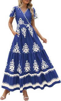 PRETTYGARDEN Womens 2025 Summer Casual V Neck Boho Maxi Dress Flowy Aline Bell Sleeve Tiered Floral Dresses with Pocket