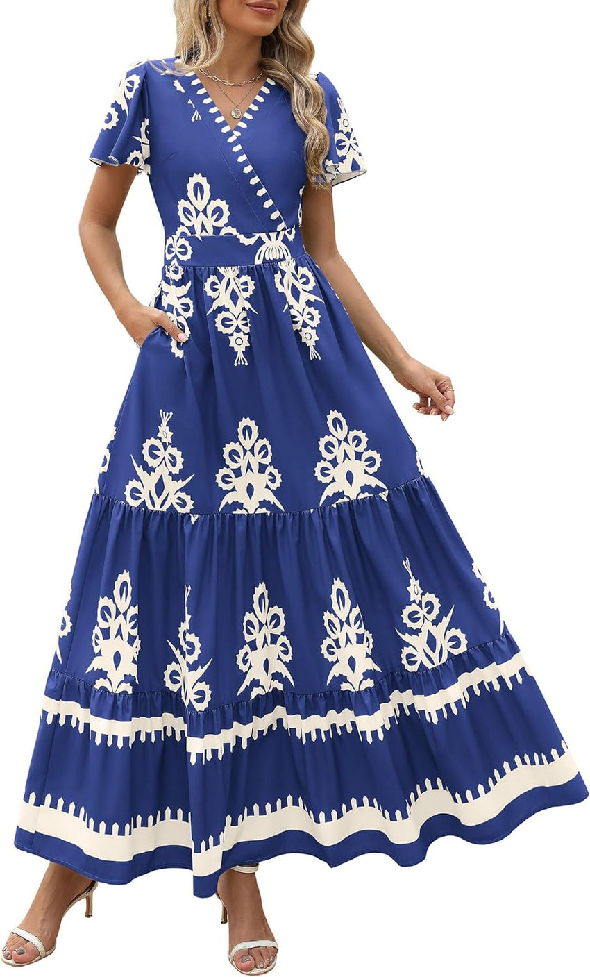 PRETTYGARDEN Womens 2025 Summer Casual V Neck Boho Maxi Dress Flowy Aline Bell Sleeve Tiered Floral Dresses with Pocket