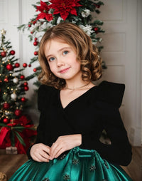 Long Sleeve Velvet Flower Girl Dresses A Line Crystal Satin Formal Dresses for Christmas