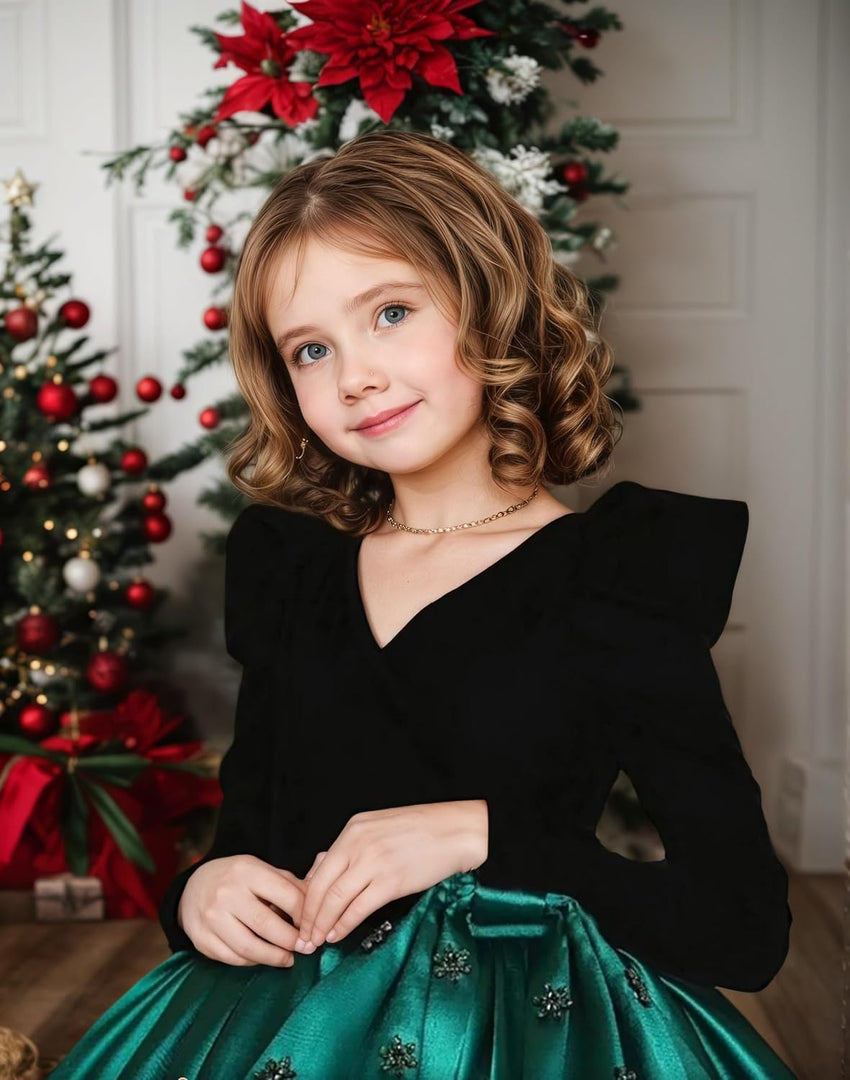 Long Sleeve Velvet Flower Girl Dresses A Line Crystal Satin Formal Dresses for Christmas