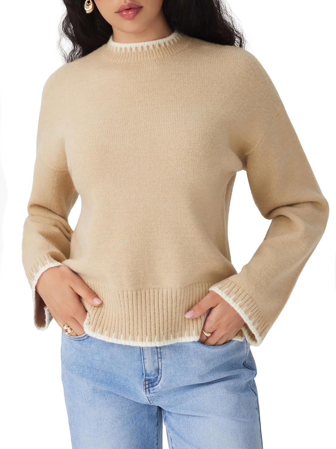 CIDER Womens Sweater Long Sleeve Split Hem Color Block Crew Neck Tops Fall Outfits