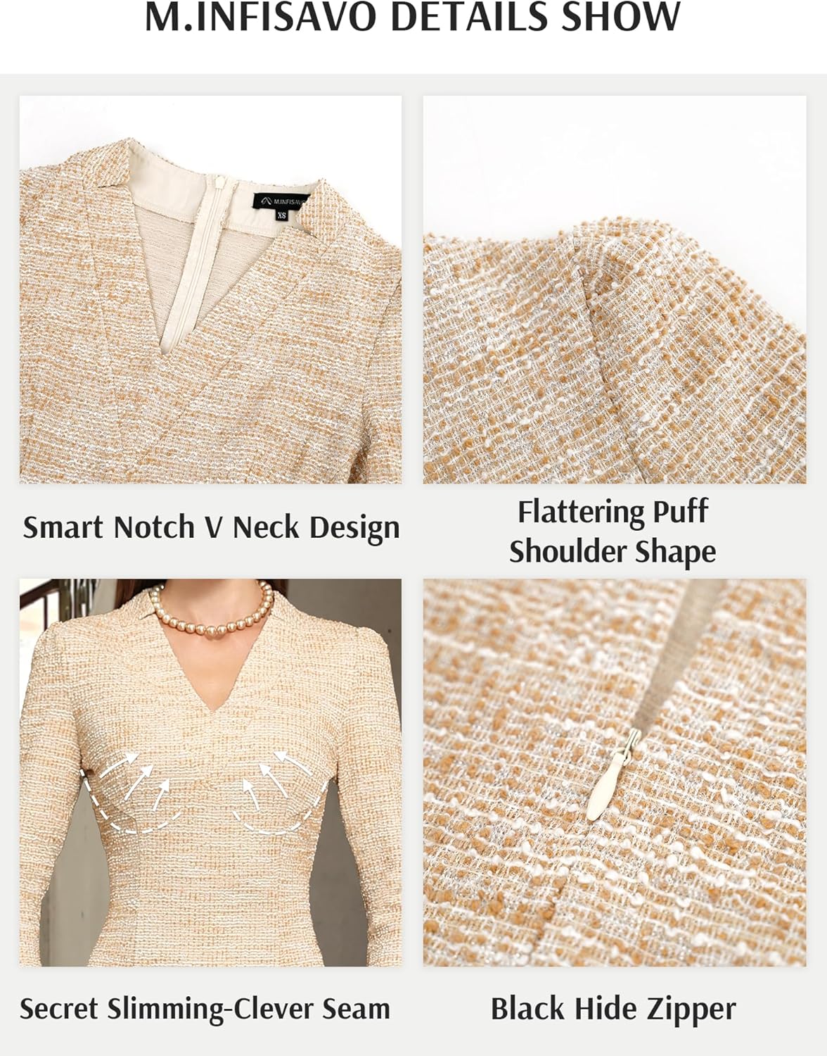 M.Infisavo Sheath Dresses for Women 2025 Notch V Neck 3/4 Sleeves Slim Fit Office Pencil Dress