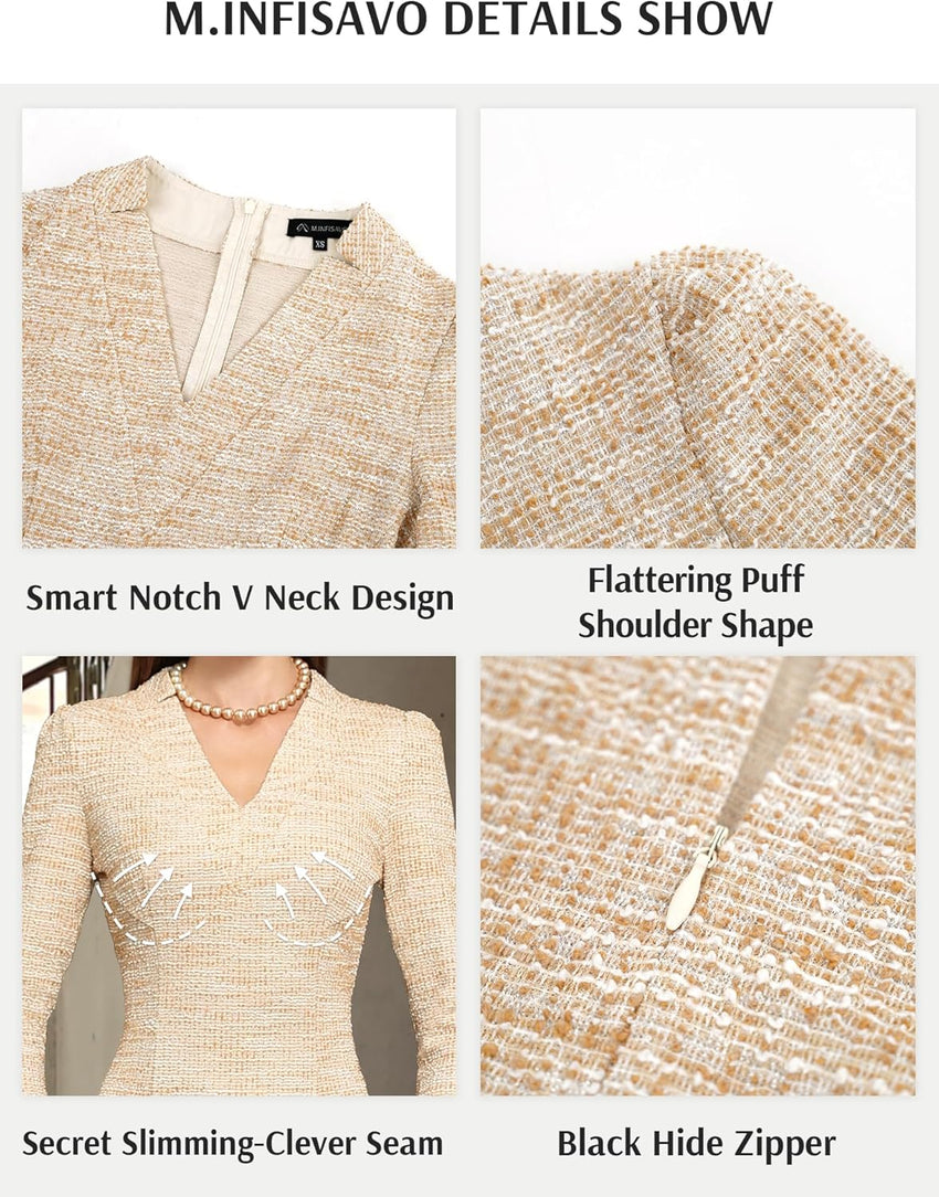 M.Infisavo Sheath Dresses for Women 2025 Notch V Neck 3/4 Sleeves Slim Fit Office Pencil Dress