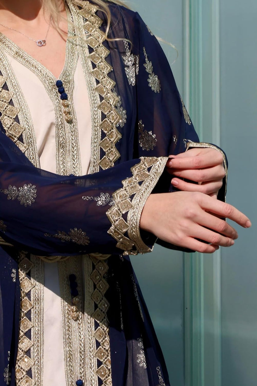 HUSN Embroidered Two-Piece Abaya Set Long Cardigan with Gold Embroidery with Plus Size Inner Slip Kaftan for Eid