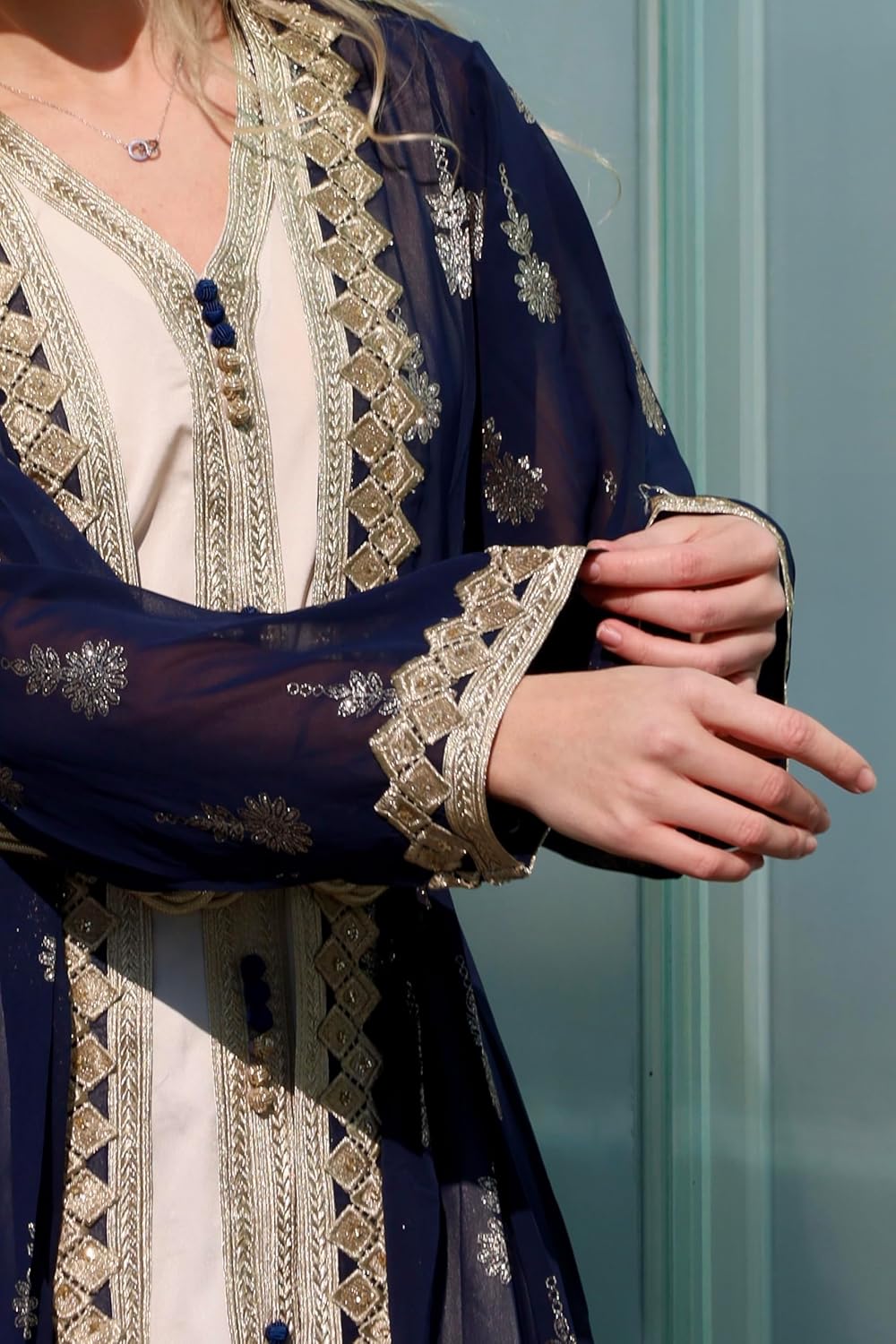 HUSN Embroidered Two-Piece Abaya Set Long Cardigan with Gold Embroidery with Plus Size Inner Slip Kaftan for Eid