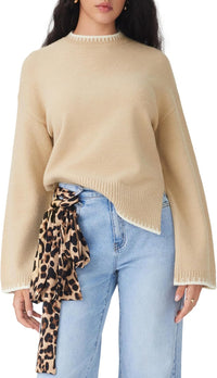 CIDER Womens Sweater Long Sleeve Split Hem Color Block Crew Neck Tops Fall Outfits