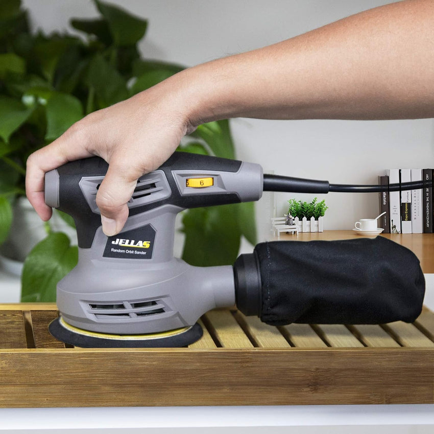 Jellas 5-Inch Random Orbital Sander with 18Pcs Sandpapers, 13000RPM 6 Variable Speed Sander Machine, High Performance Dust Collection System for Woodworking, 2.5A, Dust Collection Bag Include - OS280