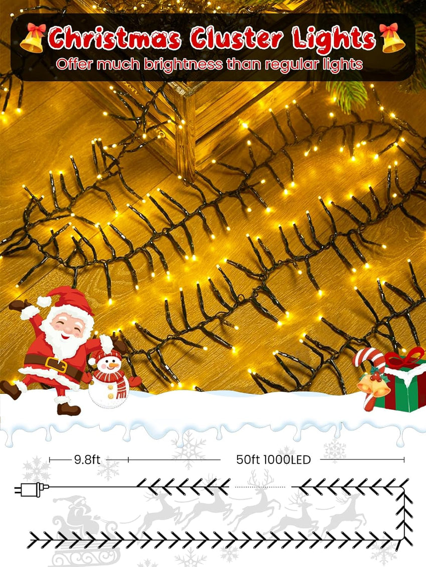 50FT 1000 LED Christmas Cluster Lights, Firecracker String Lights with Remote & 8 Modes & Timer, Waterproof Fairy Twinkle Light Plug in for Indoor Outdoor Party Garden Xmas Tree Decoration, Warm White