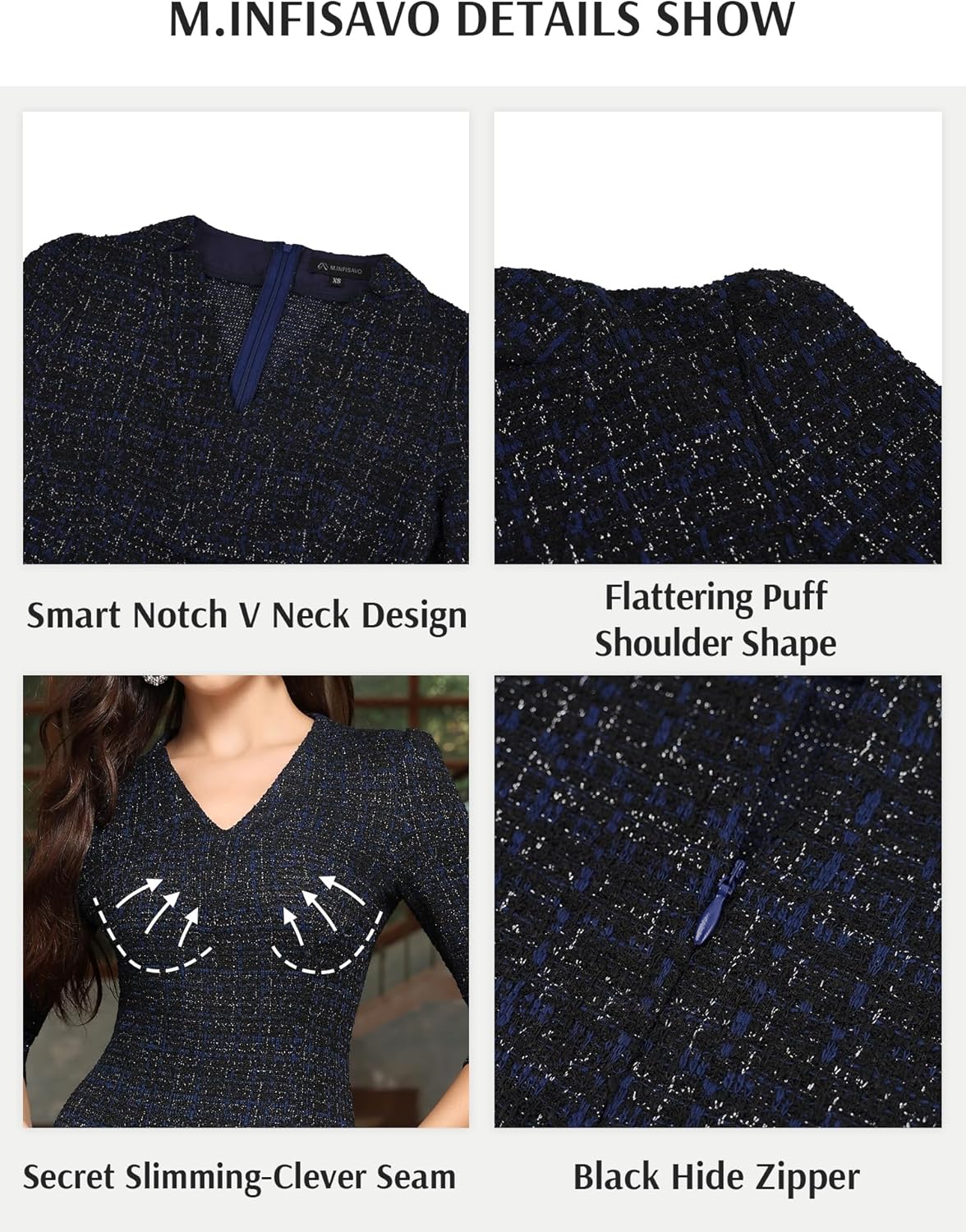 M.Infisavo Sheath Dresses for Women 2025 Notch V Neck 3/4 Sleeves Slim Fit Office Pencil Dress