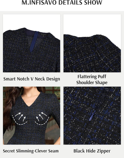 M.Infisavo Sheath Dresses for Women 2025 Notch V Neck 3/4 Sleeves Slim Fit Office Pencil Dress
