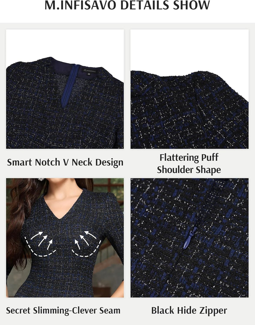 M.Infisavo Sheath Dresses for Women 2025 Notch V Neck 3/4 Sleeves Slim Fit Office Pencil Dress